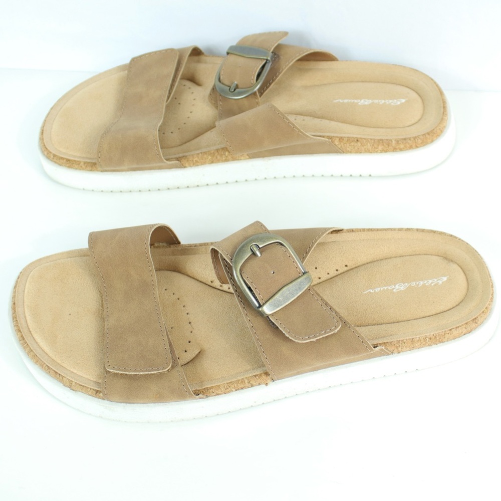 Eddie Bauer Tan Brown and White Strap Buckle Sandals Slides Womens Size 9